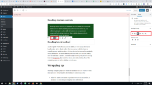 Headings can be quickly controlled in the block toolbar and sidebar areas.