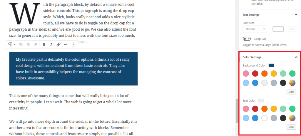 Color settings for paragraphs are located in the sidebar.