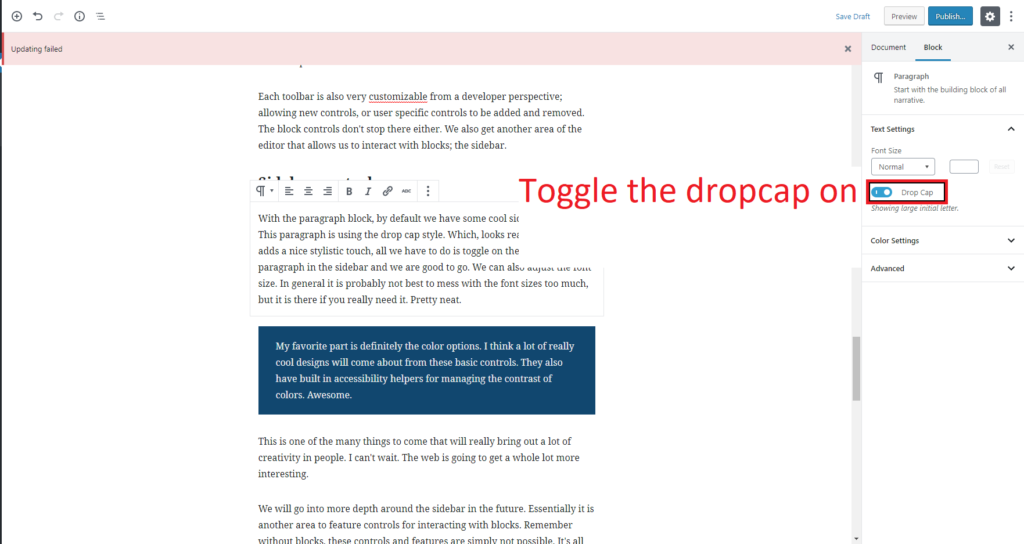 Drop caps for paragraphs can be toggled form the sidebar